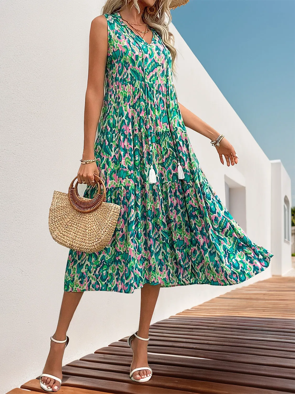 🌼 Perfee Tassel Printed Tie Neck Sleeveless Dress 🌼