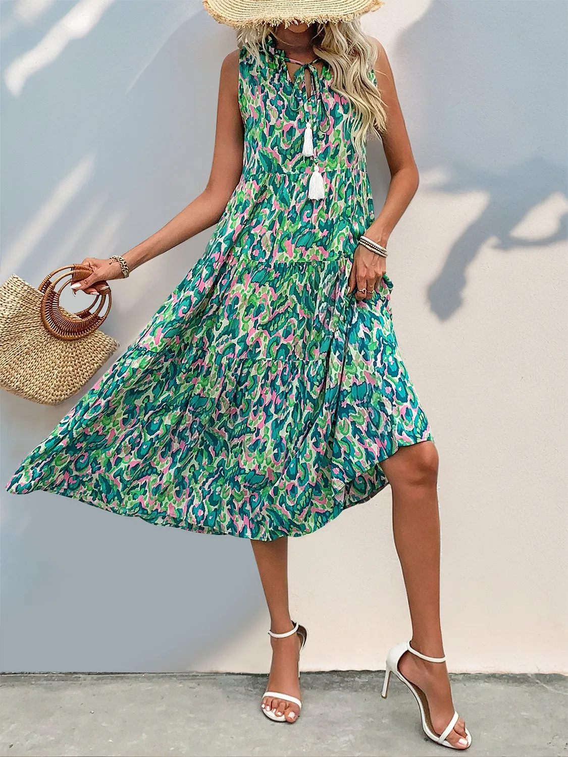 🌼 Perfee Tassel Printed Tie Neck Sleeveless Dress 🌼