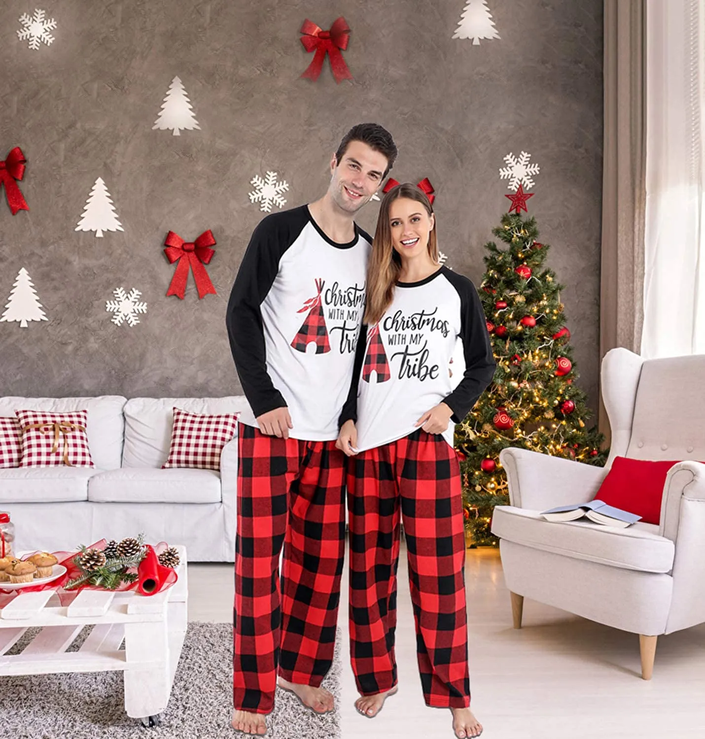 ANGELGGH Matching Christmas Pajamas for Family, Cute Vacation PJs Sets for Couples/Women/Men, Xmas 2 Piece Jammies Sleepwear (Youth, 2-3T, Black White)