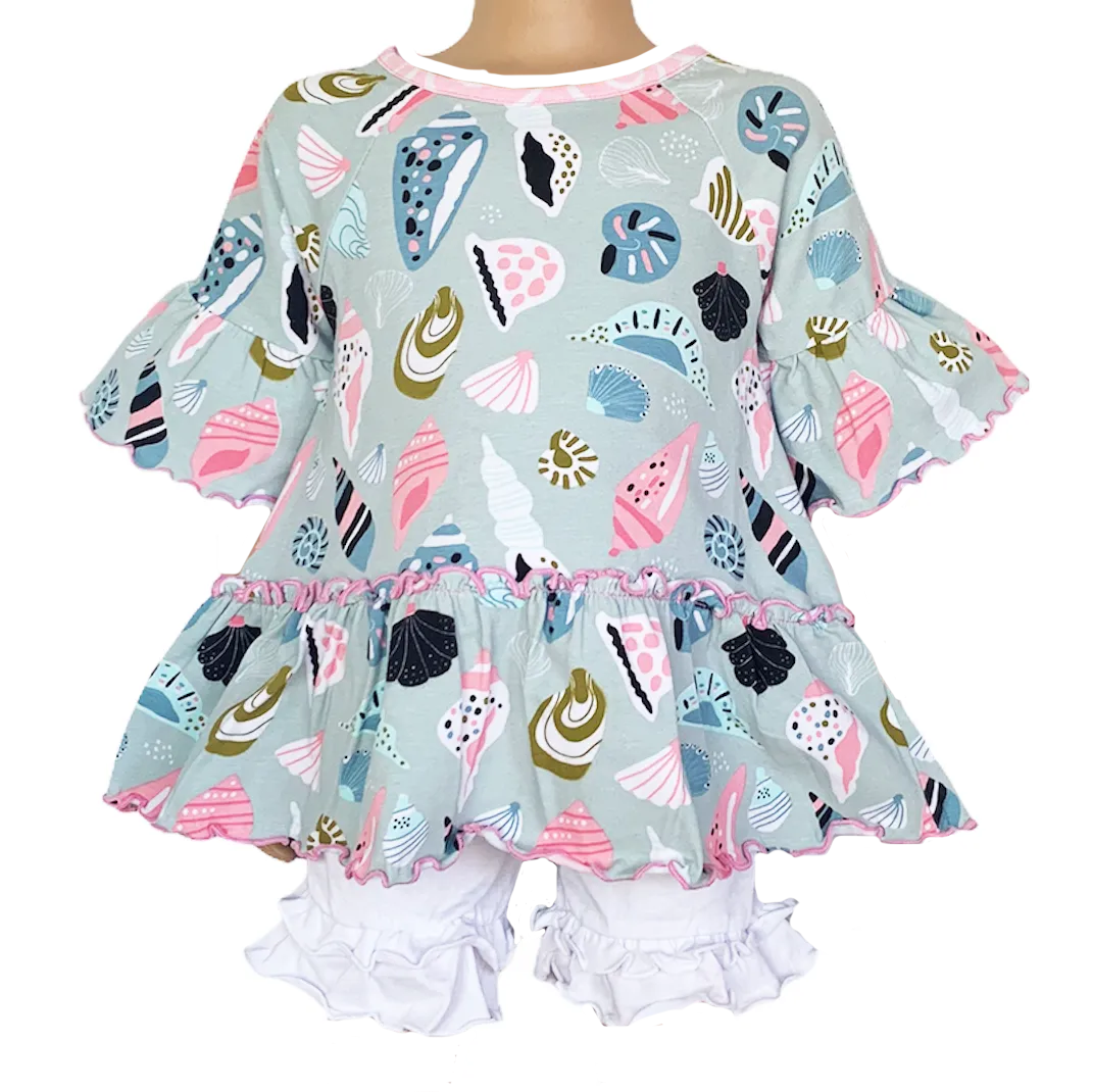 AnnLoren Girls Seashell  3/4 Angel Sleeve Cotton Knit Shirt