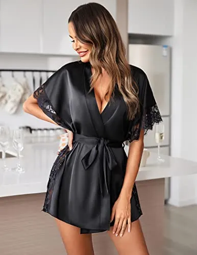 Avidlove Women Lingerie Robe Satin Sleepwear Eyelash Lace Kimono Side Split Sexy Silk Robes (Black,S)