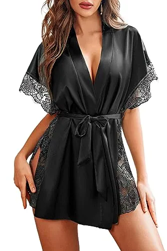 Avidlove Women Lingerie Robe Satin Sleepwear Eyelash Lace Kimono Side Split Sexy Silk Robes (Black,S)