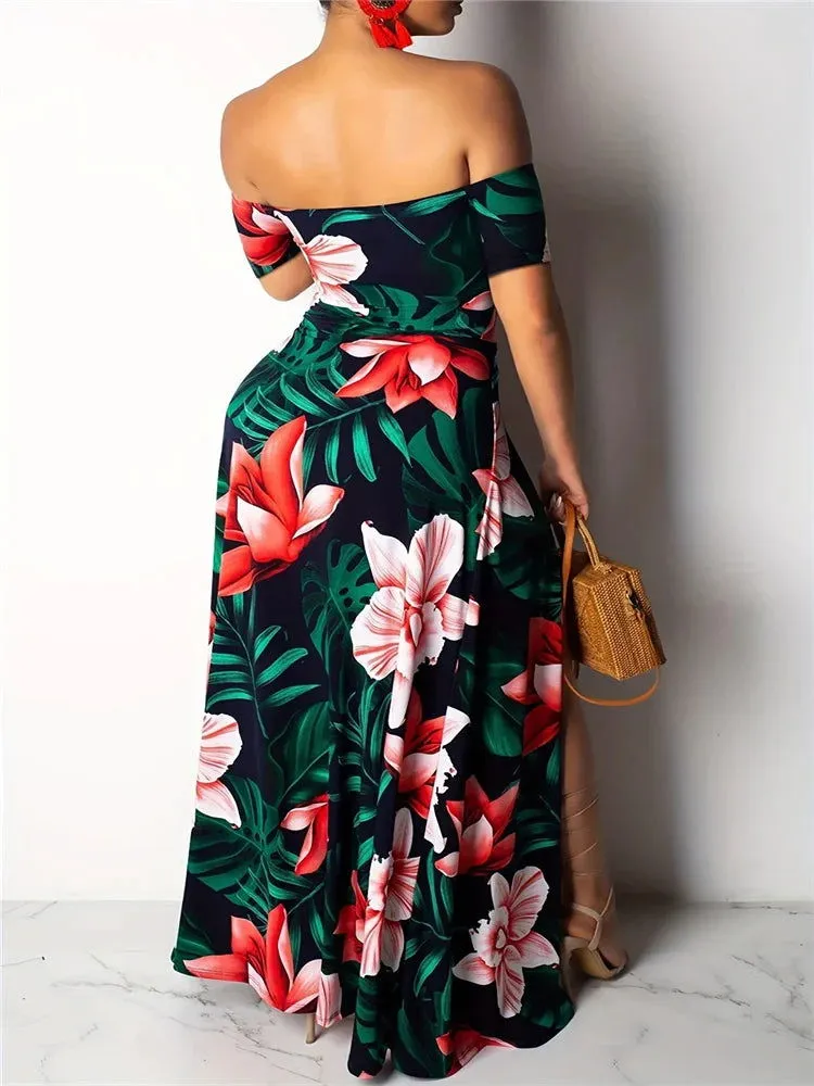 Beach Style Off Shoulder High Slit Vibrant Floral Dresses