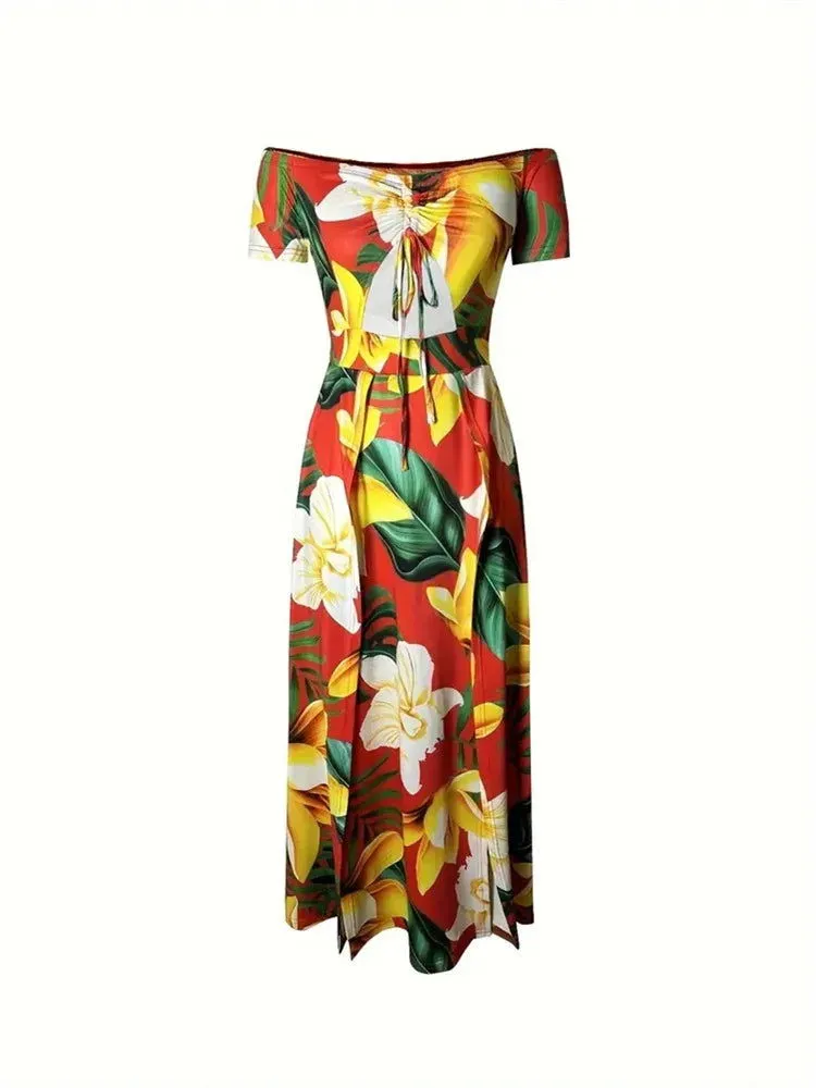 Beach Style Off Shoulder High Slit Vibrant Floral Dresses