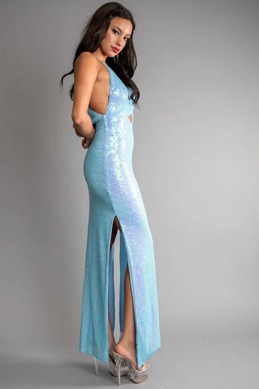 Blue Multi Color Sequin Halter Neck Deep V-Neck Keyhole