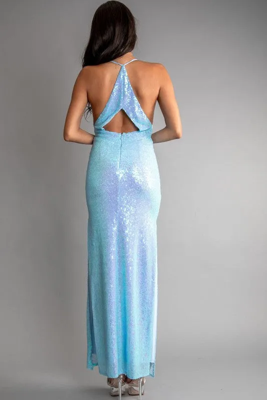 Blue Multi Color Sequin Halter Neck Deep V-Neck Keyhole