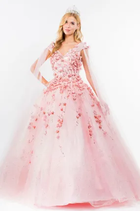 Blush Floral Applique Glitter Quinceanera Ballgown