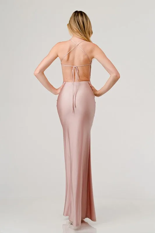 Blush Ruched Crossed Back Slip On Maxi Dress