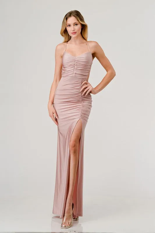 Blush Ruched Crossed Back Slip On Maxi Dress