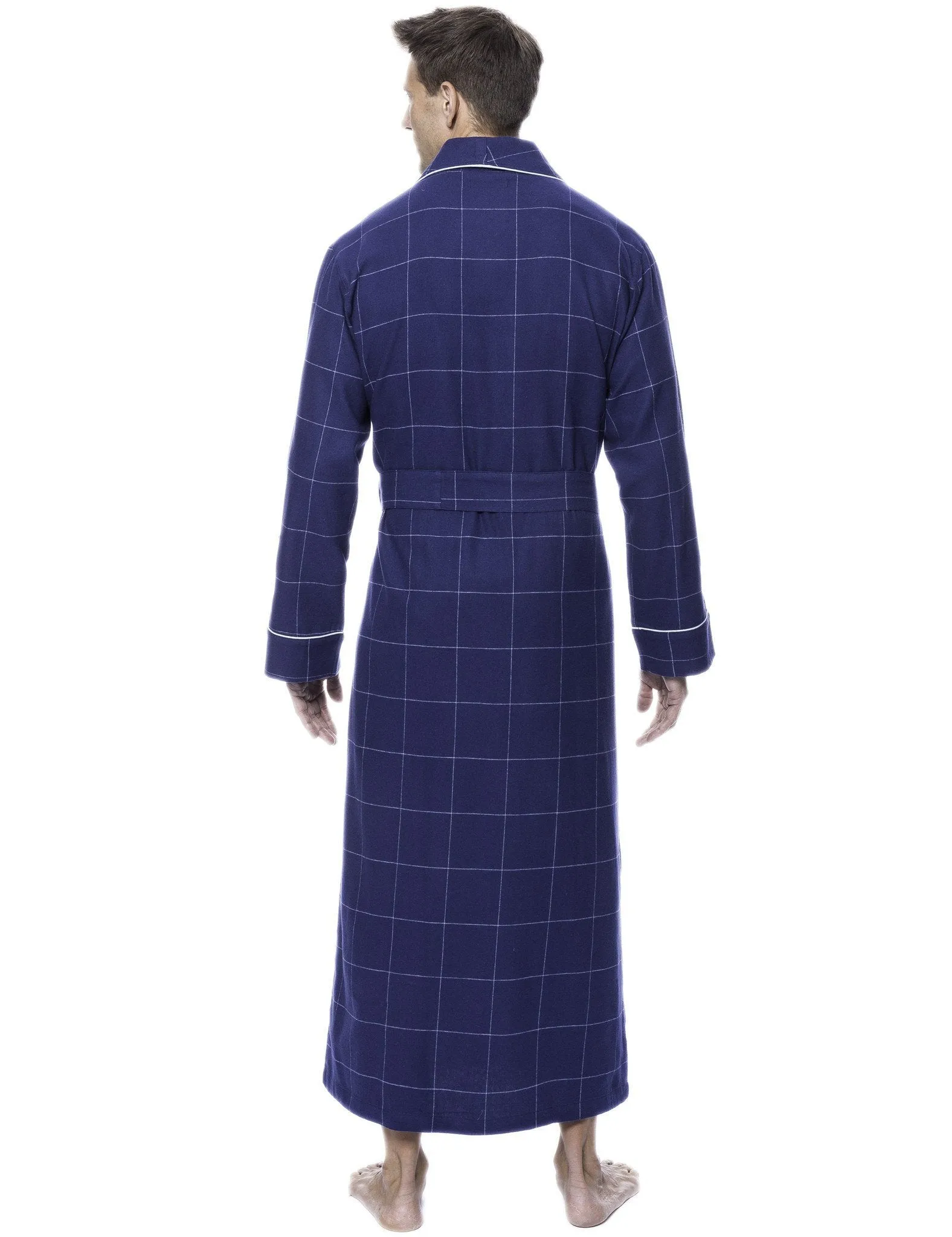 Box Packaged Men's Premium 100% Cotton Flannel Long Robe - Windowpane Checks Dark Blue