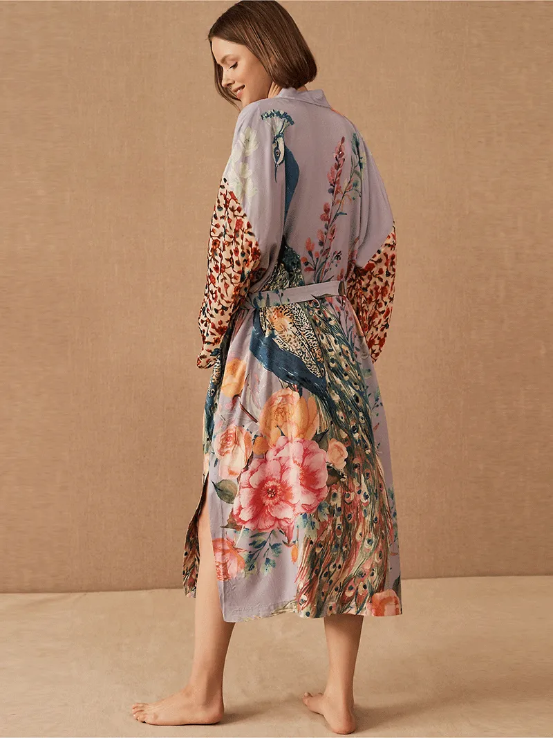 Bridal Partywear Polyester Long Length Peacock Print Multicolor Gown Kimono Duster Robe