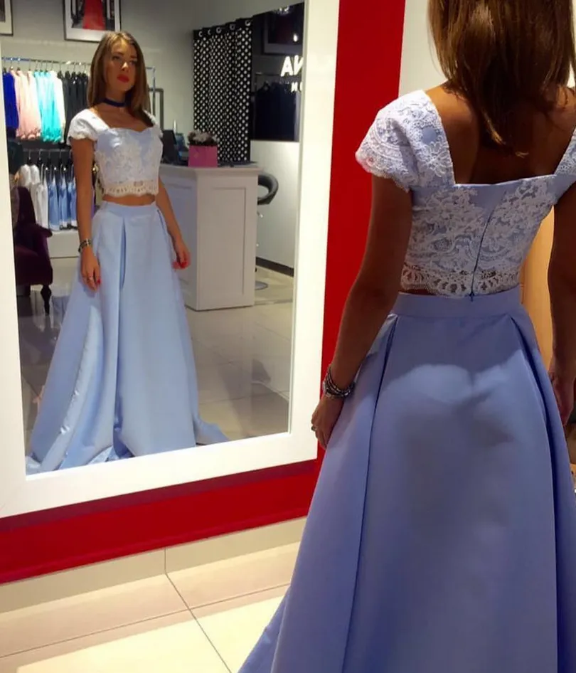 Cheap Light Blue Satin Two Piece Lace Top Floor Length Prom Dress PFP0365