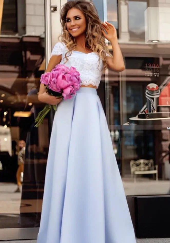 Cheap Light Blue Satin Two Piece Lace Top Floor Length Prom Dress PFP0365