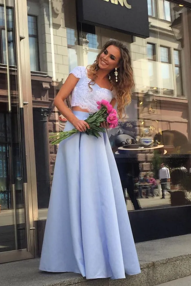 Cheap Light Blue Satin Two Piece Lace Top Floor Length Prom Dress PFP0365