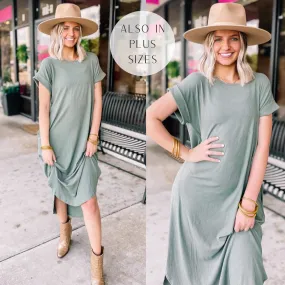 Chill Looks Short Sleeve Thin Ribbed Midi Dress in Olive Green