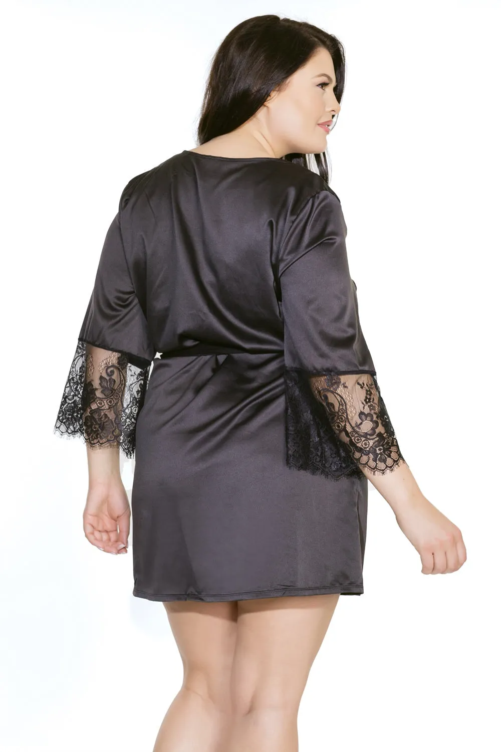 Coquette 7143X Plus Satin Robe With Eyelash Lace Sleeves