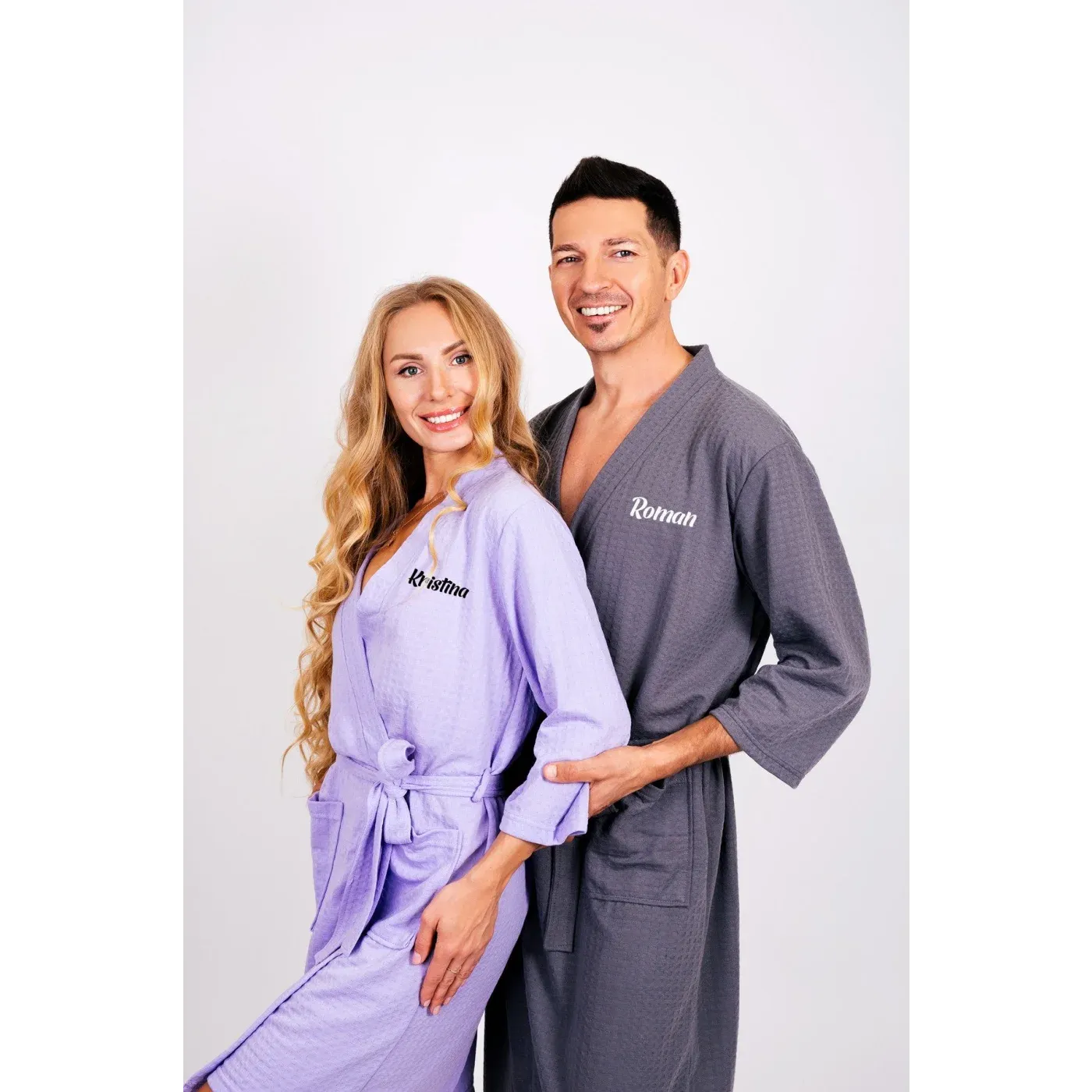 Customized Waffled Knit Robes for Bride and Groom - Honeymoon Robes - Vinyl