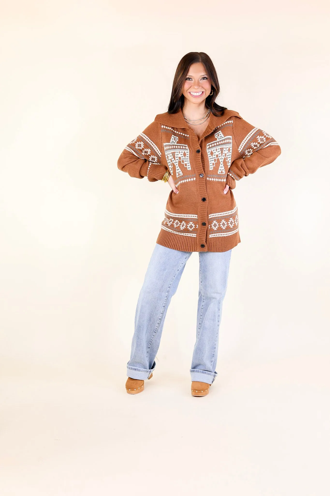 Desert Chill Thunderbird Button Up Cardigan in Rust Brown