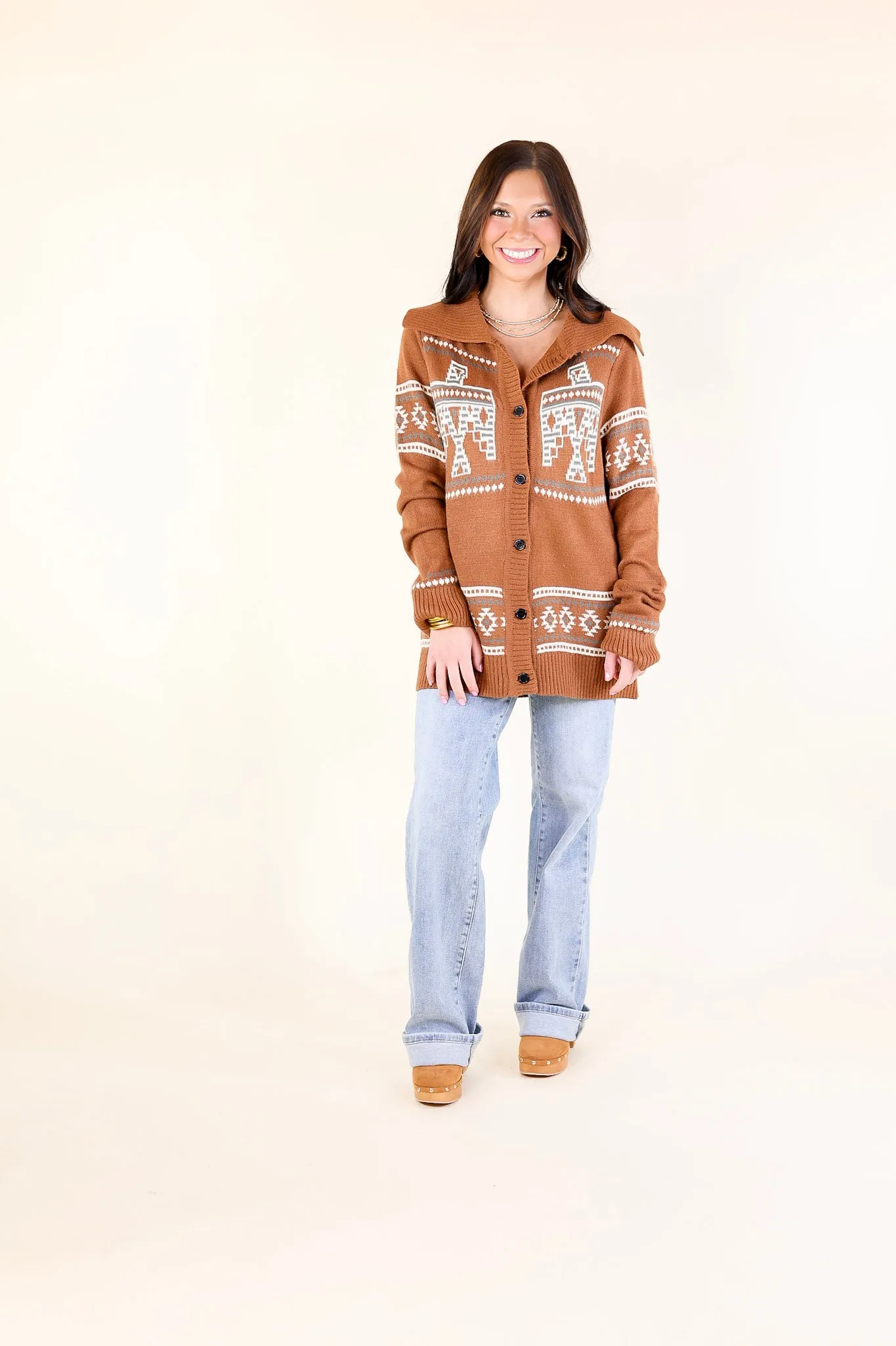 Desert Chill Thunderbird Button Up Cardigan in Rust Brown