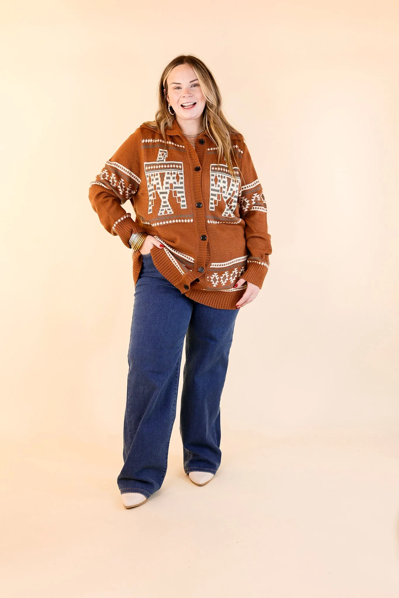 Desert Chill Thunderbird Button Up Cardigan in Rust Brown