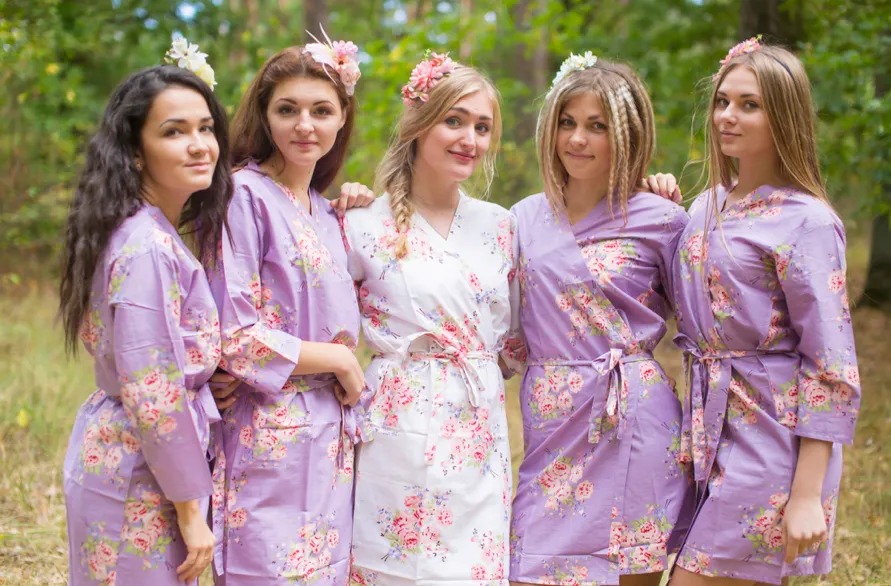 Dusty Purple Faded Flowers Pattern Bridesmaids Robes