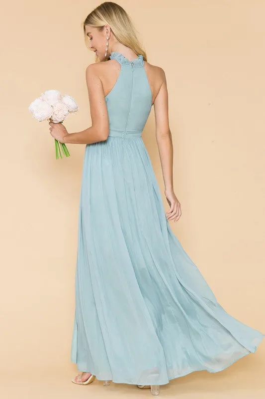 Dusty Sage Ruffle Neck Line Slit Maxi Dress