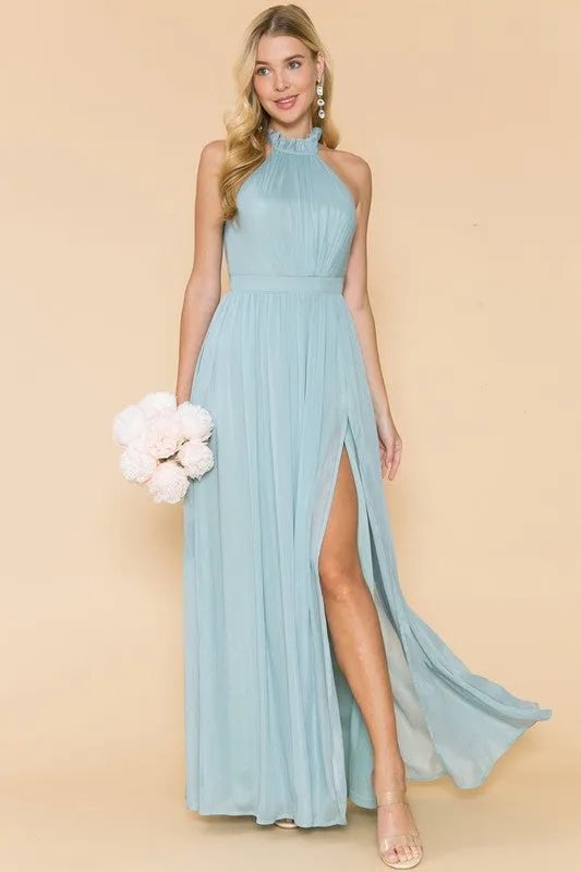 Dusty Sage Ruffle Neck Line Slit Maxi Dress