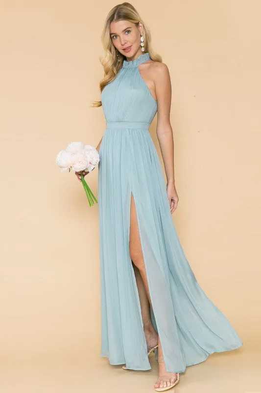 Dusty Sage Ruffle Neck Line Slit Maxi Dress