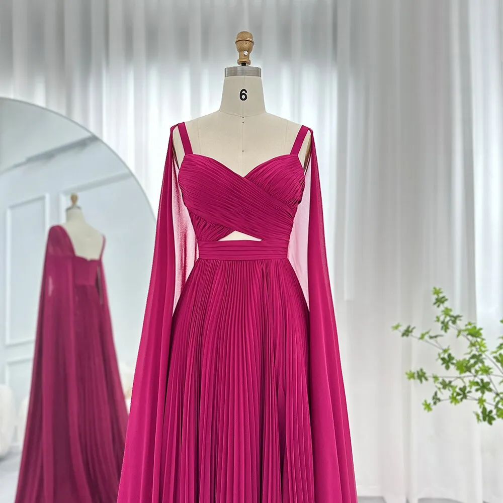 Elegant Fuchsia Chiffon Evening Dress with Cape Sleeves SF090