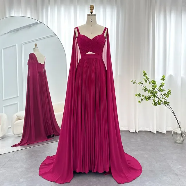 Elegant Fuchsia Chiffon Evening Dress with Cape Sleeves SF090