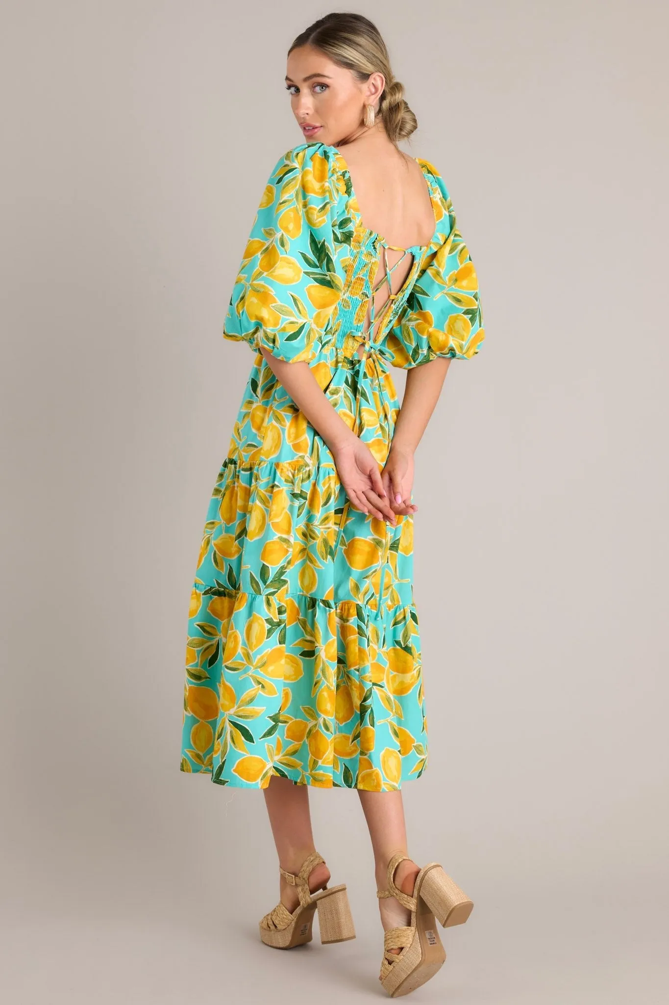 Feeling Zesty Aqua Lemon Print Midi Dress