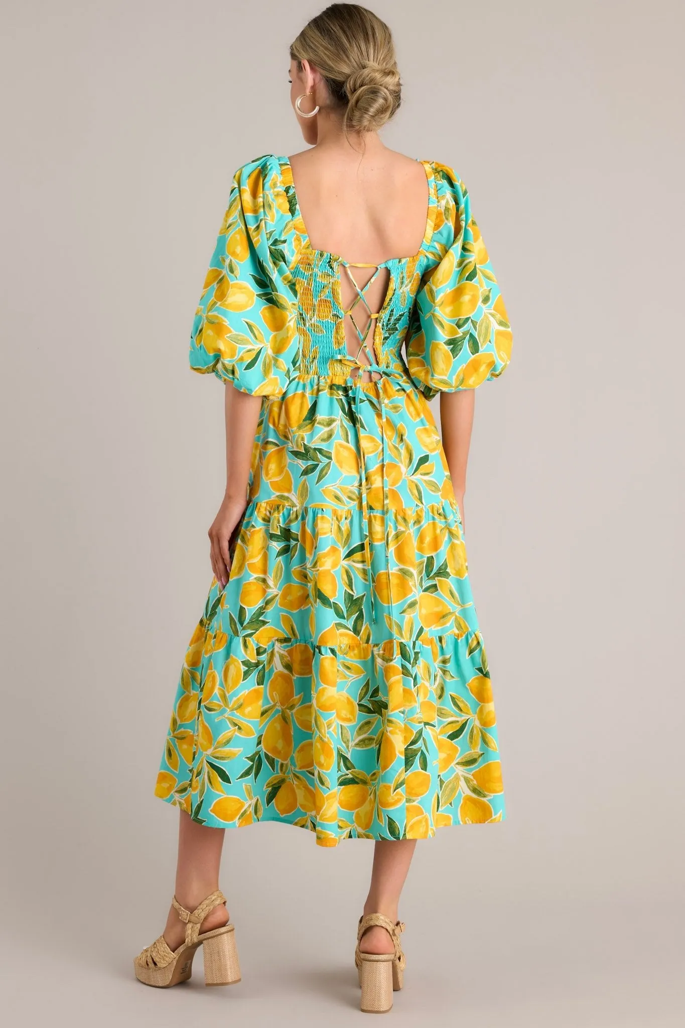 Feeling Zesty Aqua Lemon Print Midi Dress