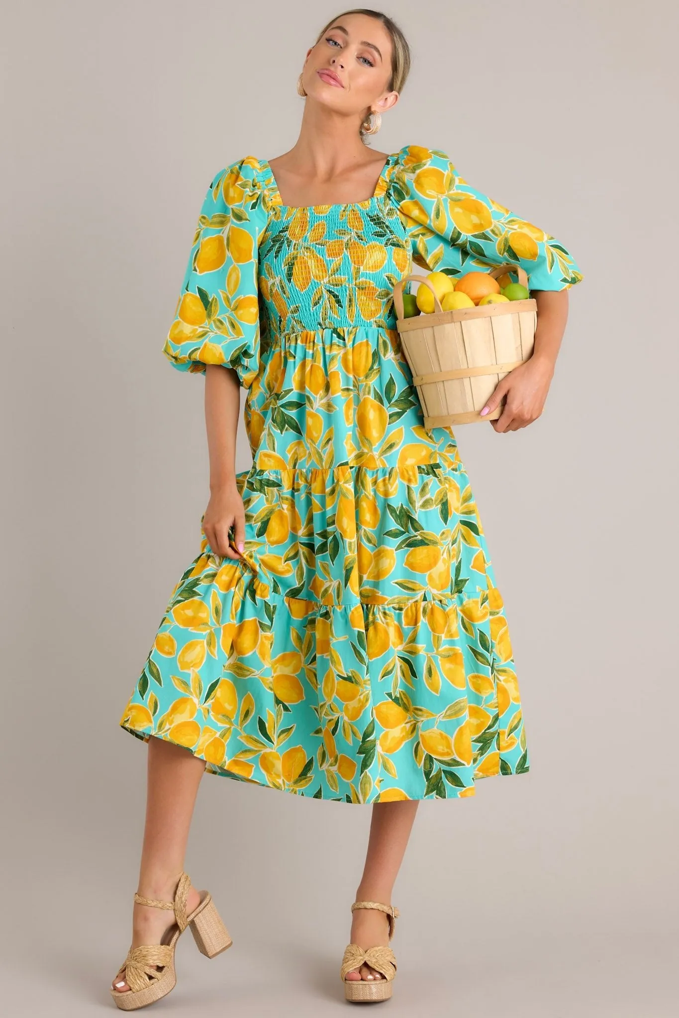 Feeling Zesty Aqua Lemon Print Midi Dress