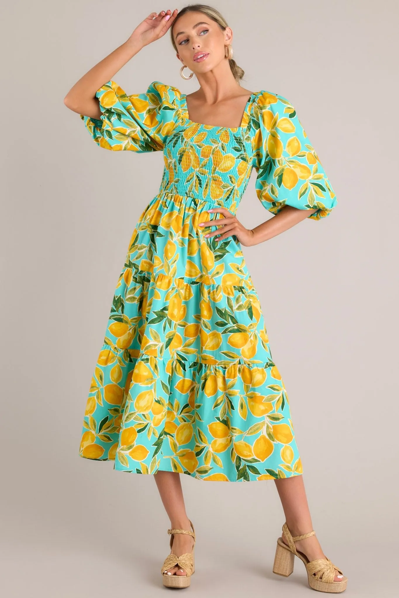 Feeling Zesty Aqua Lemon Print Midi Dress