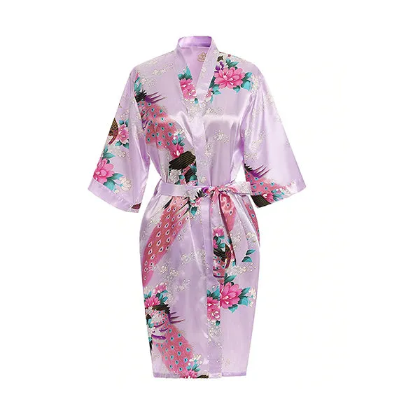 Floral Bride & Bridesmaid Robes, Womens & Child Sizes, Satin Feel, Mid-Length