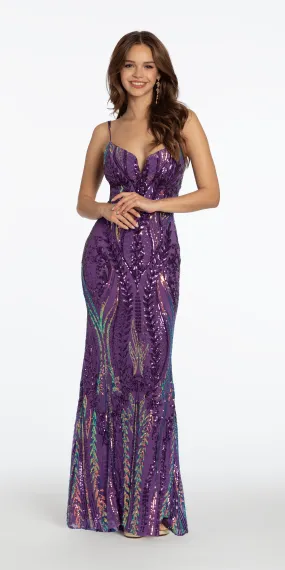 Iridescent Sequin Plunge Column Dress