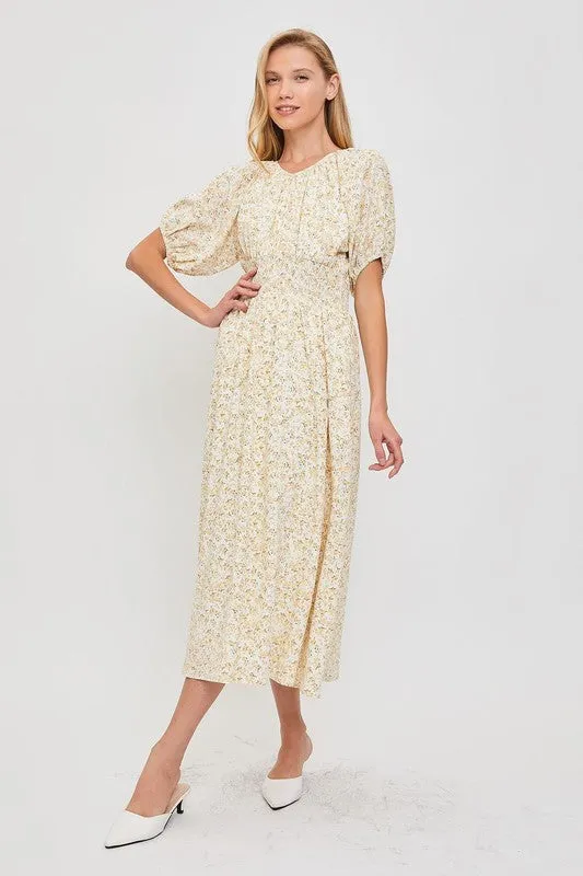 Ivory/Yellow Modest Smocked Floral Dress