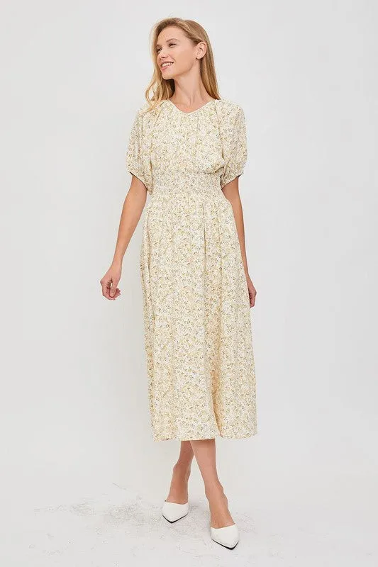 Ivory/Yellow Modest Smocked Floral Dress