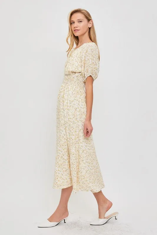 Ivory/Yellow Modest Smocked Floral Dress