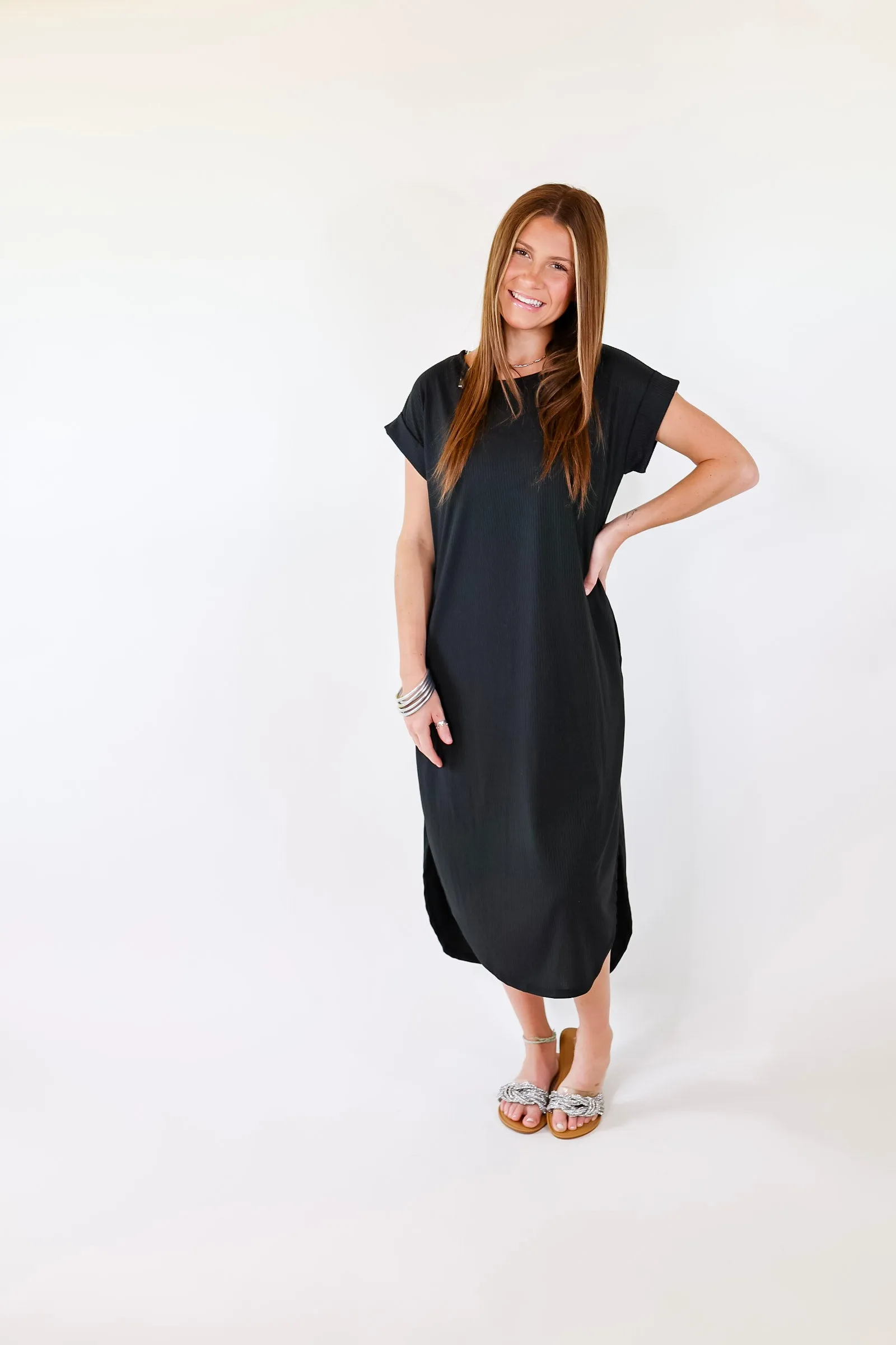 Last Chance Size Small & XL | Chill Looks Short Sleeve Thin Ribbed Midi Dress in Black