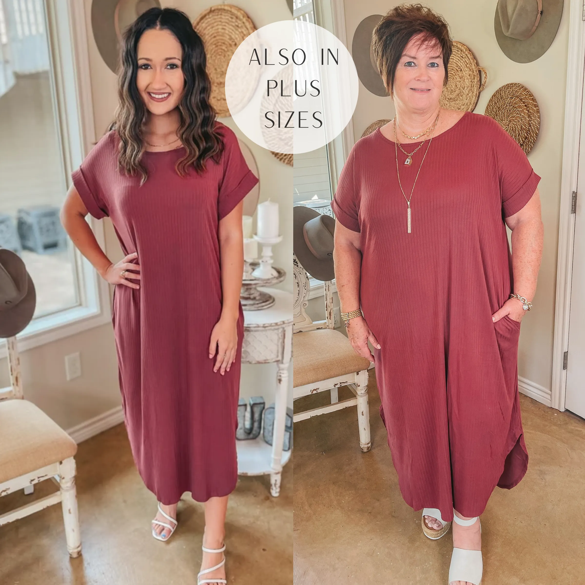 Last Chance Size XL | Chill Looks Short Sleeve Ribbed Midi Dress in Marsala