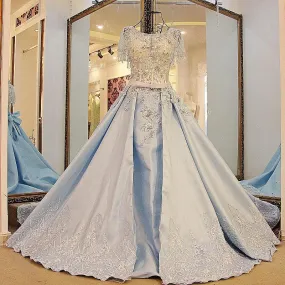 Light Blue Beaded Crystals Tassel A line Satin Long Evening Formal Dress