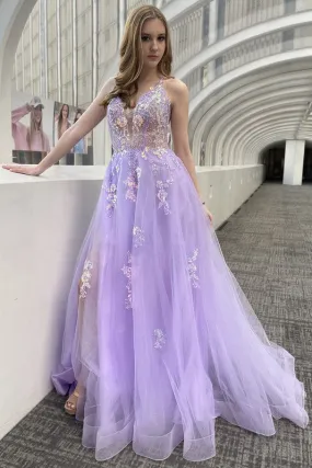 Light Purple Floral Sequin Applique A Line Gown