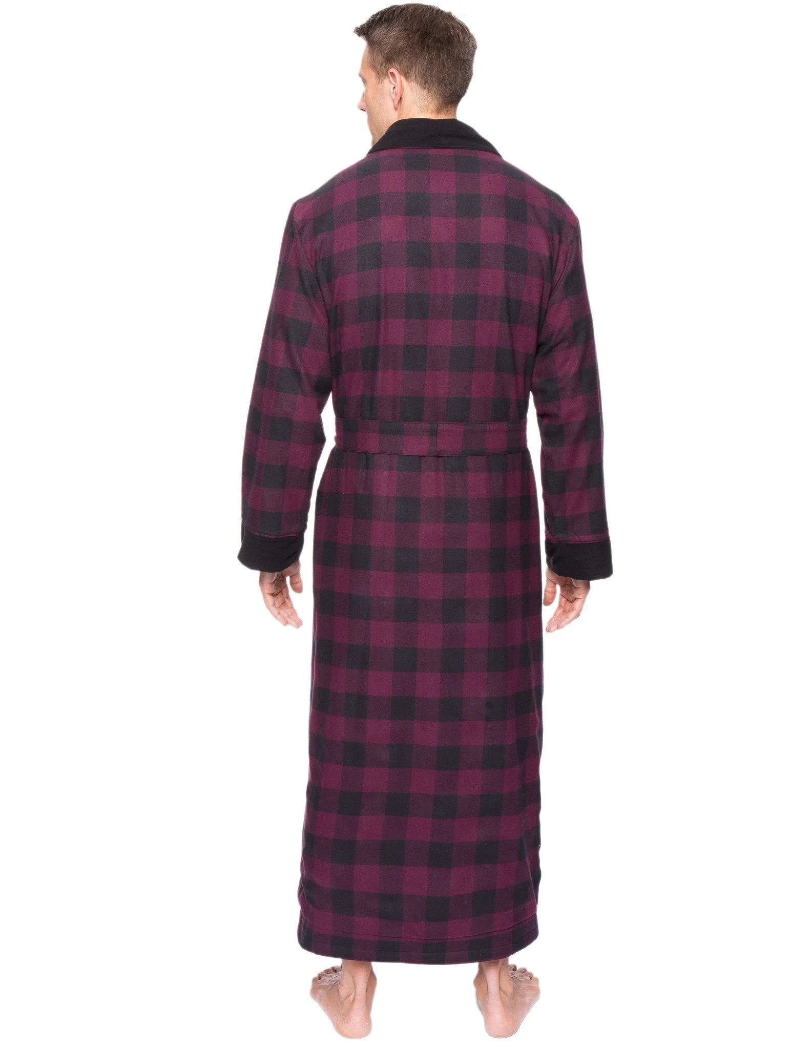 Men's Premium 100% Cotton Flannel Fleece Lined Robe - Gingham Fig/Black