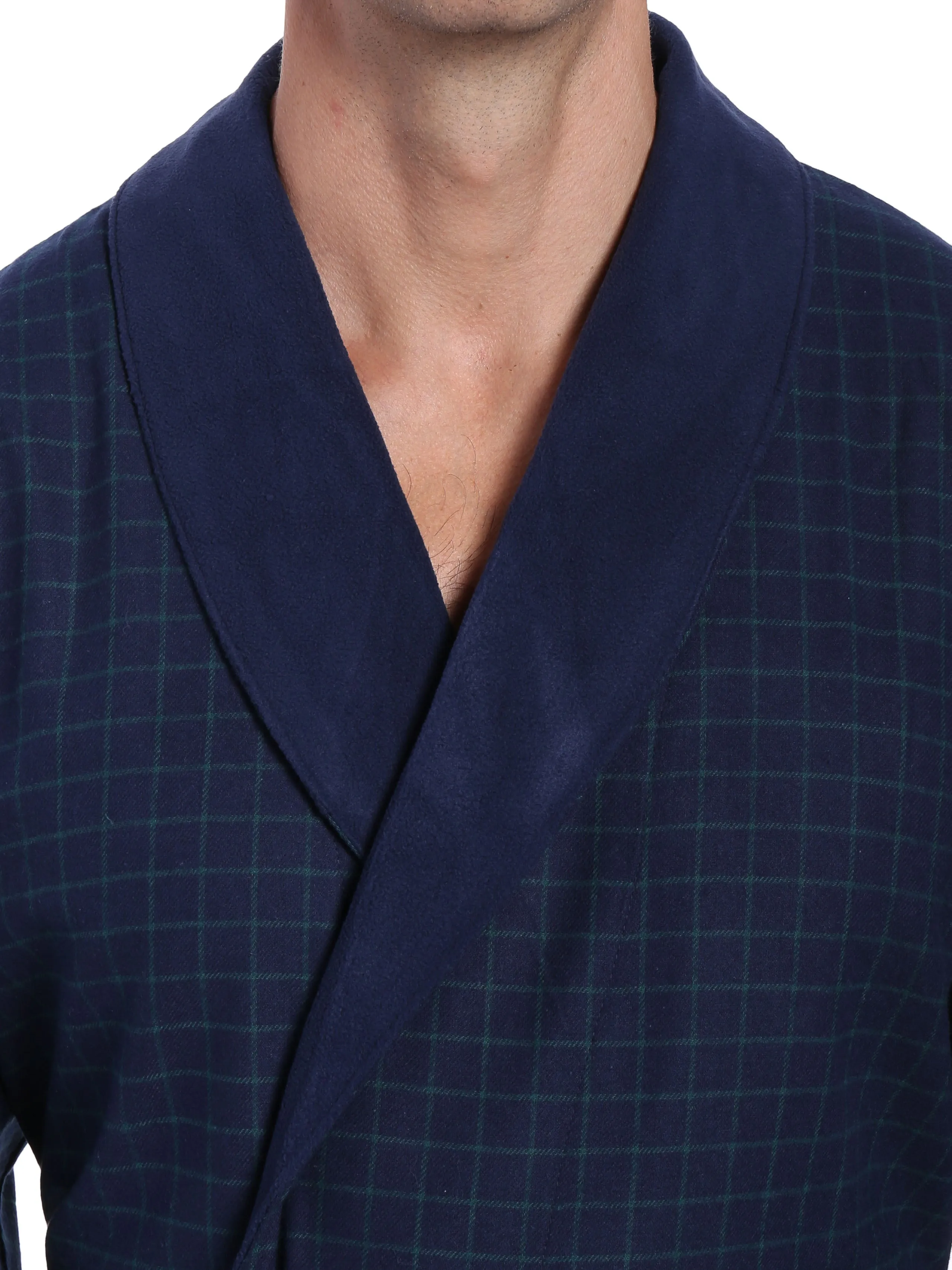 Mens Premium 100% Cotton Flannel Fleece Lined Robe - Windowpane Checks - Navy Green