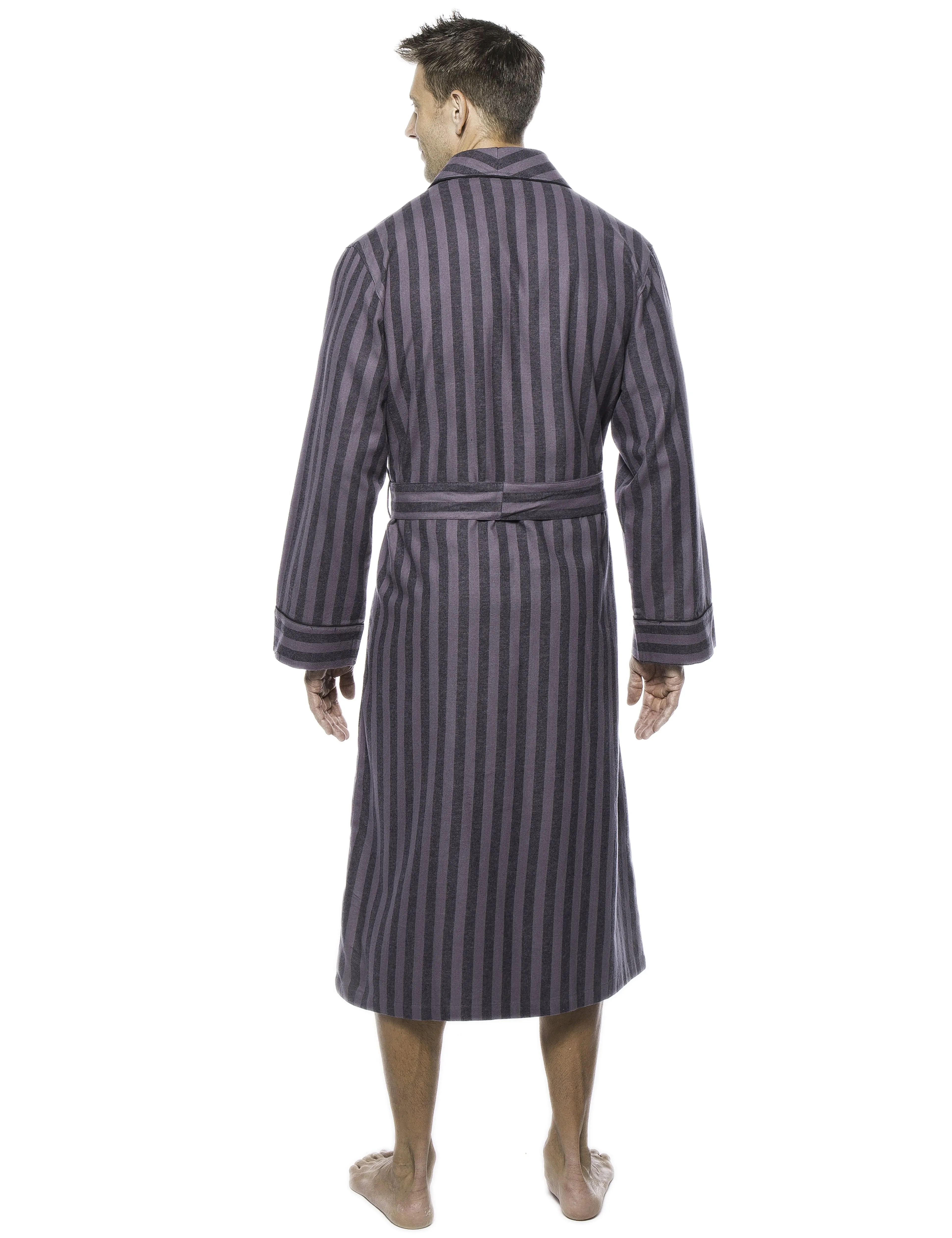 Mens Premium 100% Cotton Flannel Robe - Stripes Black/Grey