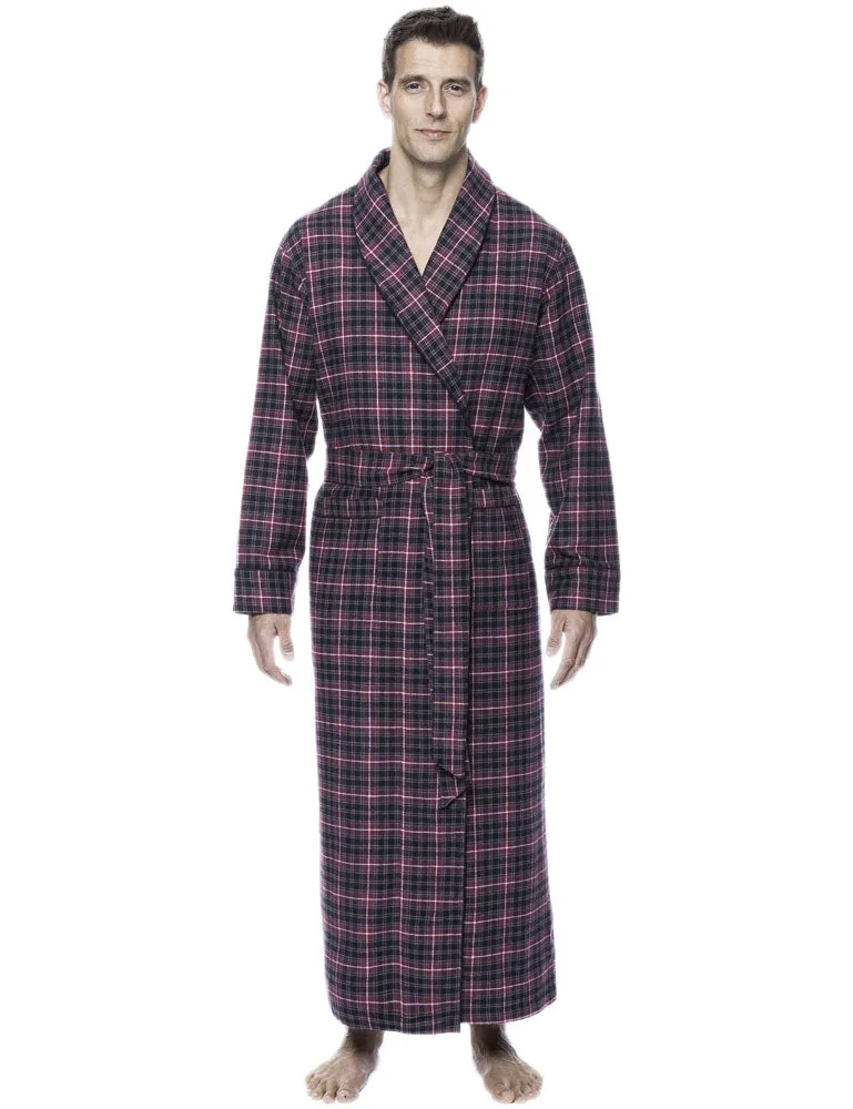 Mens Robe - 100% Cotton Flannel Robe - Plaid Burgundy/Gray