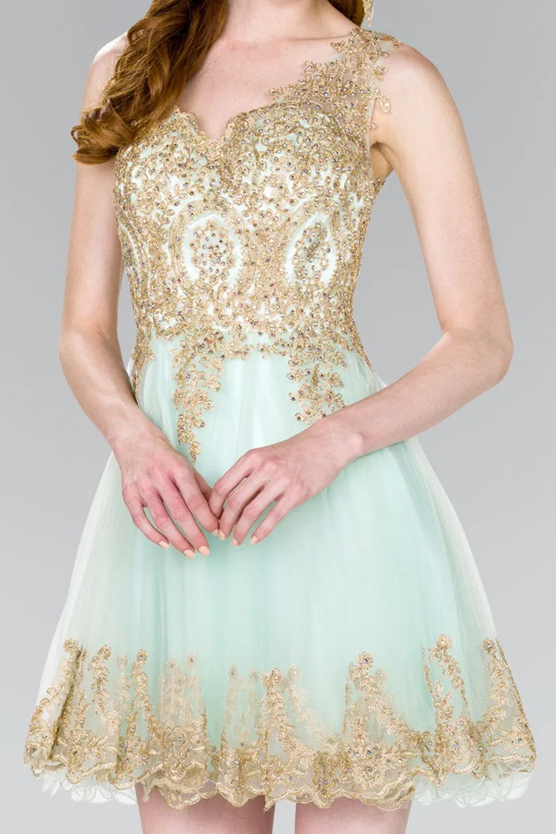 Mint Tulle Short Dress Accented With Gold Lace