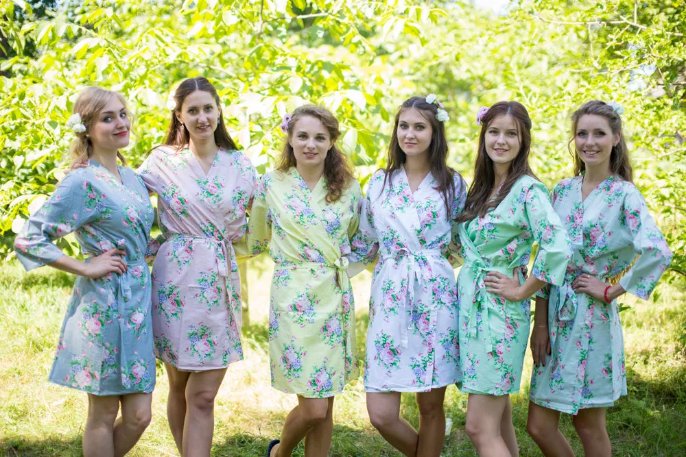 Mismatched Pink Peonies Patterned Bridesmaids Robes in Soft Tones