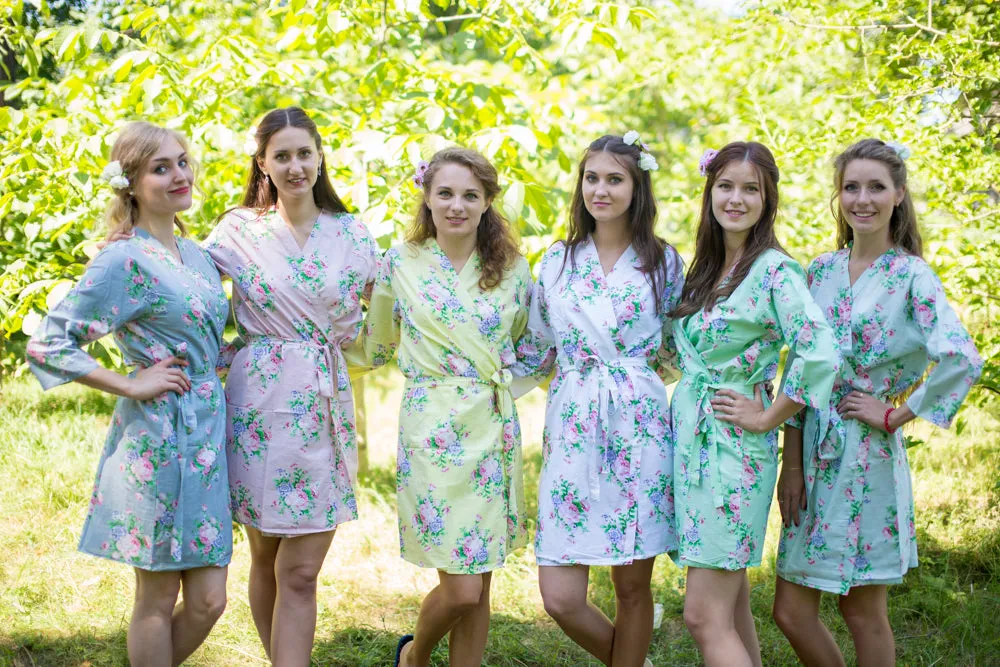 Mismatched Pink Peonies Patterned Bridesmaids Robes in Soft Tones